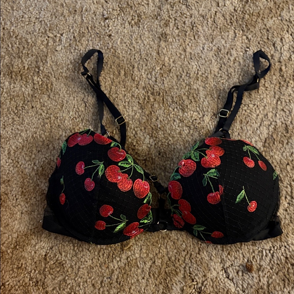 Victoria's Secret Black Bra with Red Cherry Embroidery